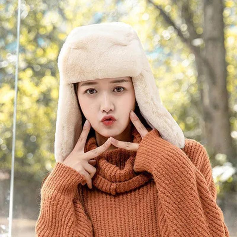 Women's Hat Winter Korean Version Plus Velvet Cold Proof Hat Winter Cycling Ear Protection Thick Windproof Warm Cute Hat Solid Long Ear Cap Fedoras