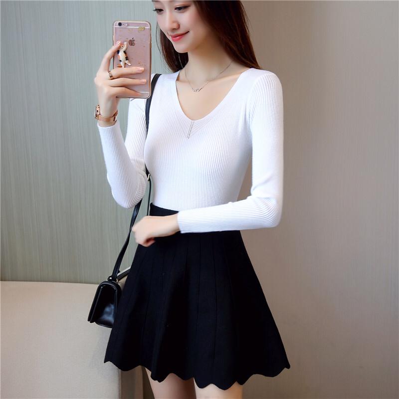 V-neck Sweater Women's Spring and Autumn Section Warm Sweater Bottoming Shirt  Long-sleeved Shirt