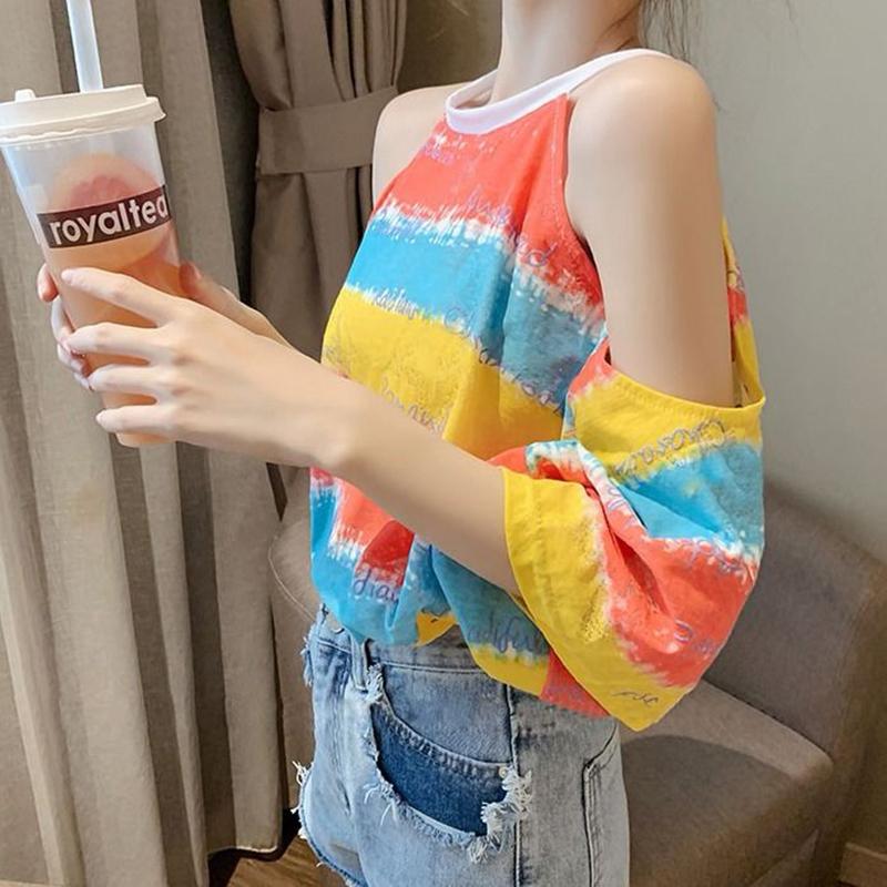 Rainbow Striped Short-sleeved T-shirt Loose Sexy Round Neck Strapless Top Women's Light and Breathable Women's Loose Casual T-shirt