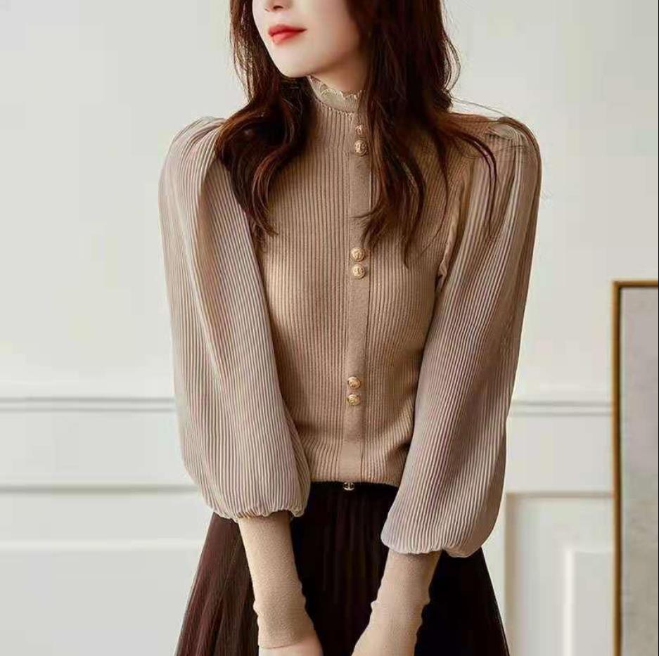 Autumn and Winter High-neck French Ladies Sweater Elegant Temperament Knit Sweater Wild Wood Ear Waist Slim Casual Shirt