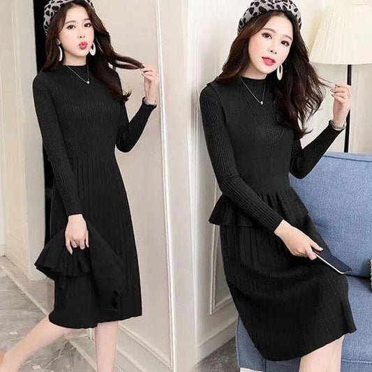 Women's Solid Color Knit Dress Two Piece Set Spring and Autumn Brand Sweater Dress Slim Large Size Long Jersey Dress