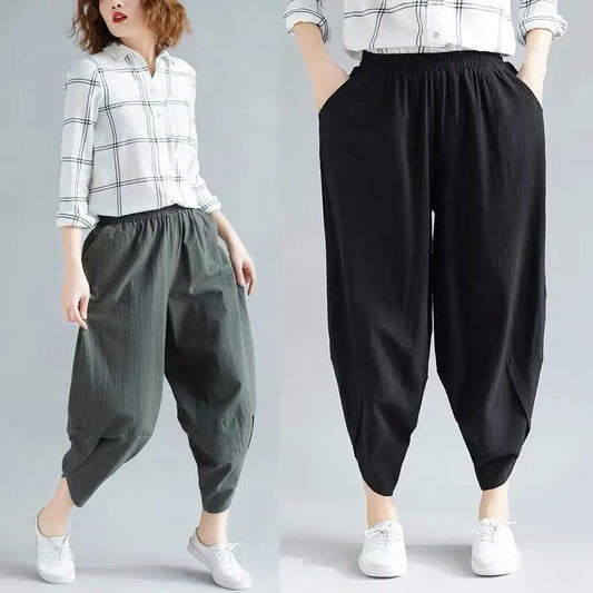 WTEMPO Large Women's Pants Linen Solid Color Cotton Linen Pants Eight Point Loose Casual Harem Pants Summer Thin