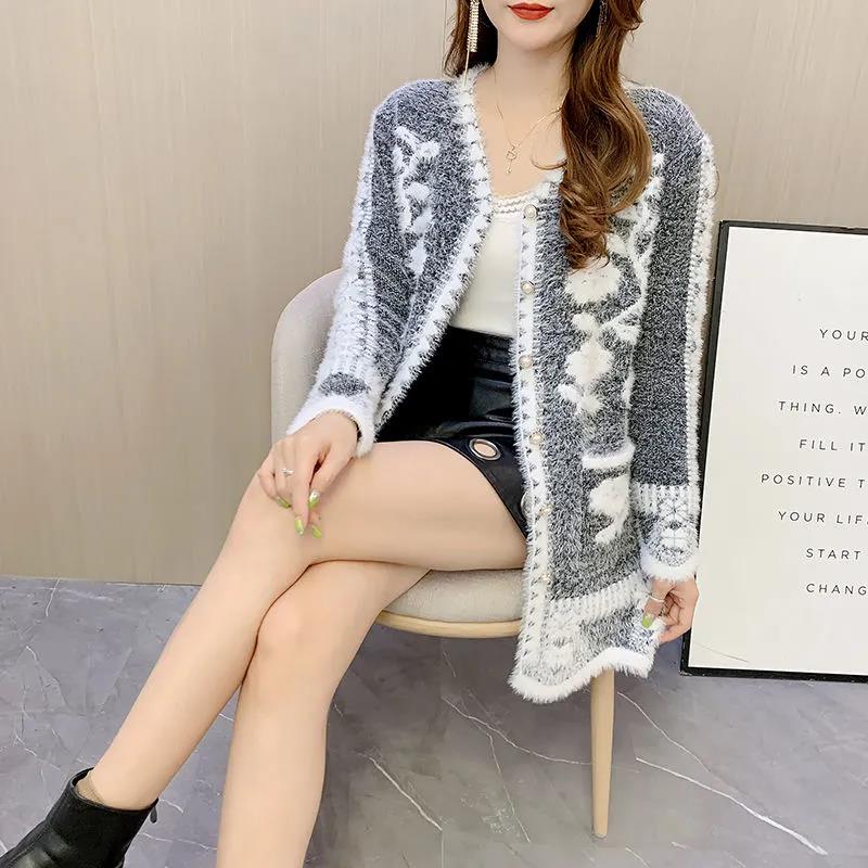 Cardigan Sweater Women's Knitted Sweater Jacket Spring and Autumn Sexy Mid-length Slim-fit Imitation Mink Jacket