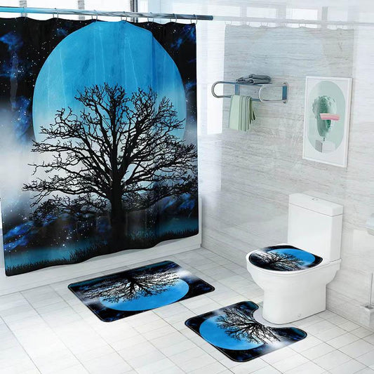 Bathroom Supplies Shower Curtain Set Scenery Moon Printing Shower Curtain Four-piece Bathroom Non-slip Mat Set