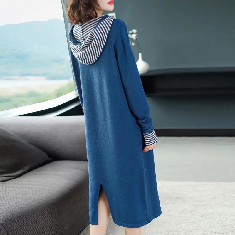 2021 Fall/winter Hooded Knitted Dress Women Long Over The Knee Plus Size Loose Sweater Dress Women