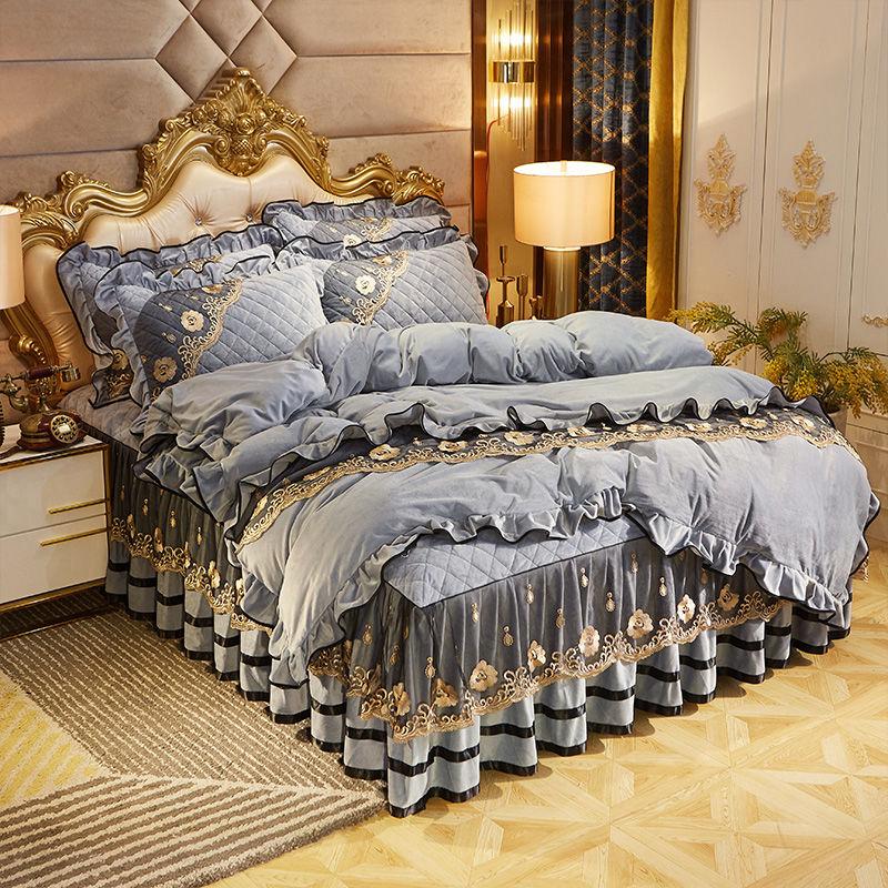 4pcs/set Crystal Velvet Warm Bed Skirt Plus Velvet Thick Bedding Korean High-end Bed Linen