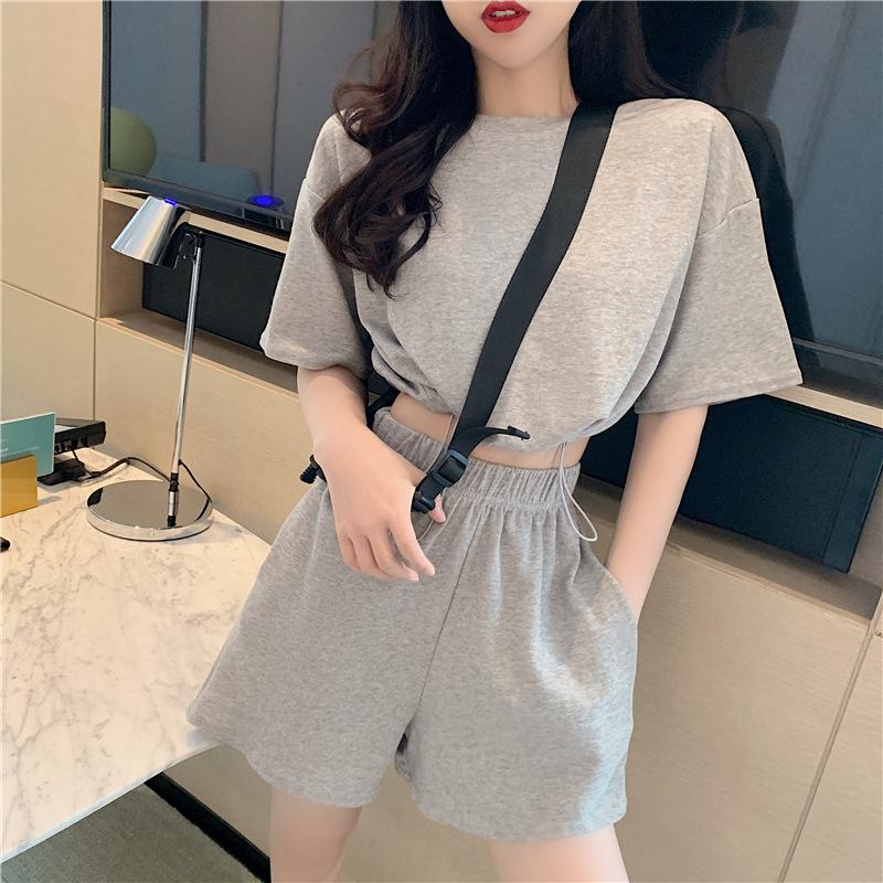 2PCS Summer Casual Sports Suit Women's Wide-leg Shorts + Short-sleeved T-shirt Two-piece Fitness Jogging Clothes Home Comfort Sets