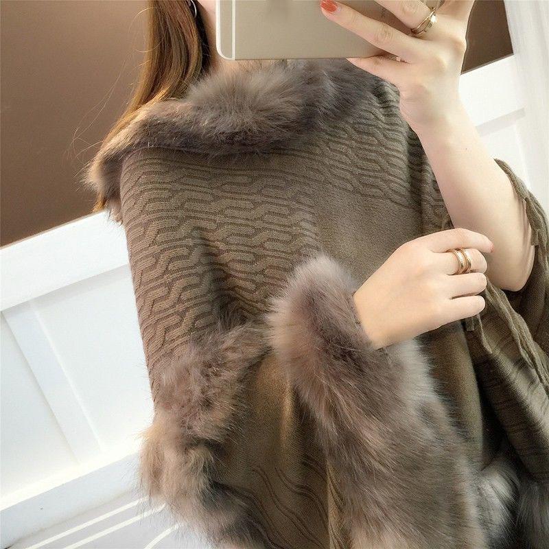 Autumn and Winter Imitation Fox Fur Cloak Shawl Bat Shirt Female Fur Collar Coat Plus Size Tassel Mid-length Sweater Coat