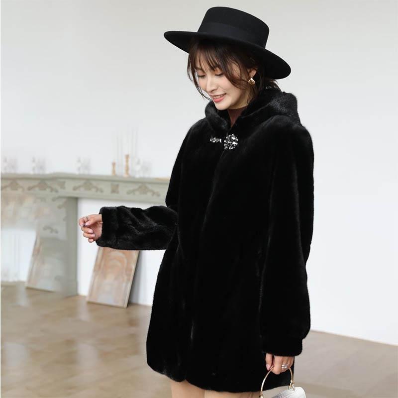 WTEMPO Winter Mink Fur Coat Female Imitation Mink Fur Coat Whole Mink Mid-length with Hood