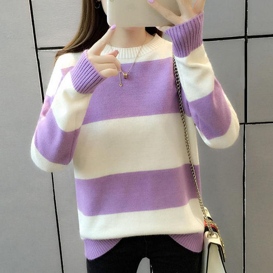 Loose blouse sweater female autumn and winter dress round neck long sleeve fashion striped sweater