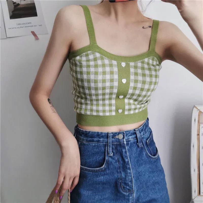 Retro Sweet Plaid Pattern Knit Camisole Cotton Sexy Slim Women's Bottoming Crop Top