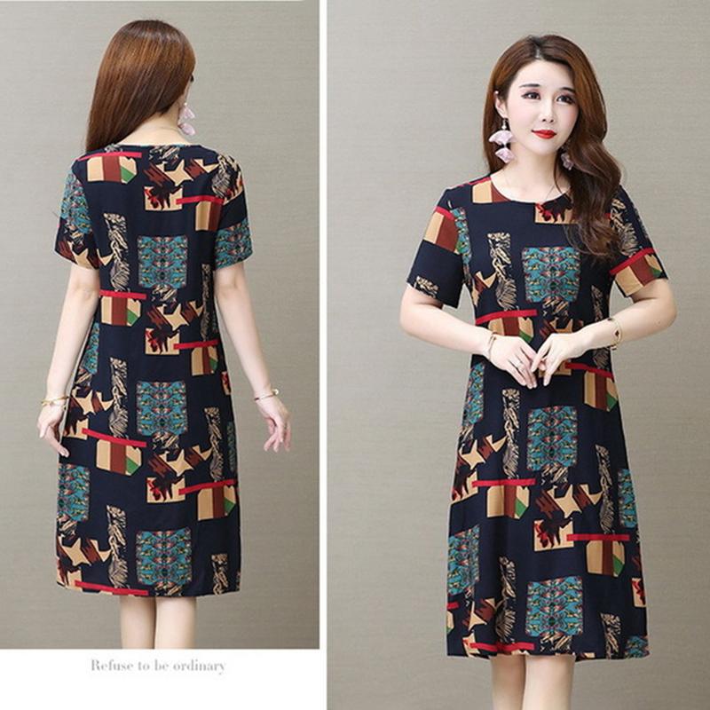 Summer Casual Dress Women's O-neck Short-sleeved Floral Print Mid-length Loose Dress Fabric Light and Breathable Women's Casual Plus Size Dress