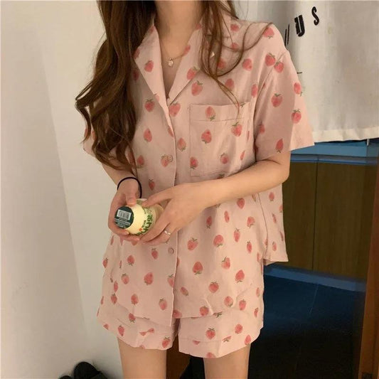 Women's Short-sleeved Pajamas Set Summer Small Floral Lapel Cute Homewear Two-piece Casual Loose Pajamas Set