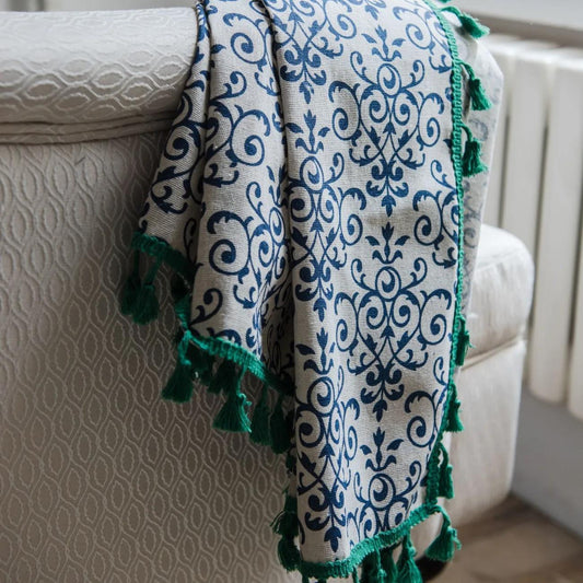 Curtain Finished Blue and White Porcelain Printed Green Tassel Chinese Wind Curtain Living Room Bedroom Study Kitchen Kitchen Small Curtain