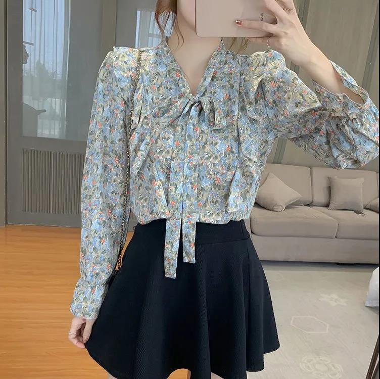 S-4xl Ruffle Blouse Long Sleeve Korea Casual Blouse Shirt Women Sping Fashion Floral Printed Top Bow Chiffon Shirt