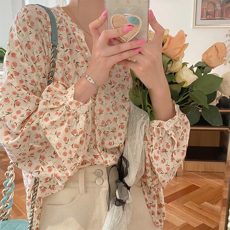 Blouses Women Spring Floral Lantern Sleeve O-neck Button Leisure Sweet French Style Ulzzang Chic All-match Tops Loose Female Hot