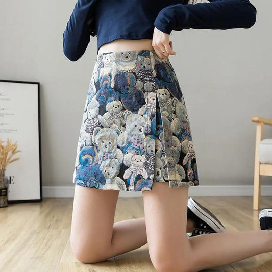 Bear Split Skirt Women's Spring and Autumn High Waist Small Anti-Slip A-Line Short Skirt