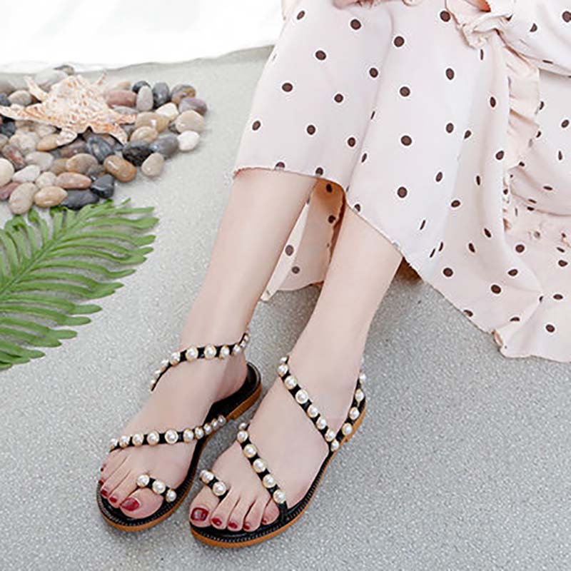 Pearl Sandals Female Summer Fairy Style Student Flat All-match Flip-flop Roman Sandals