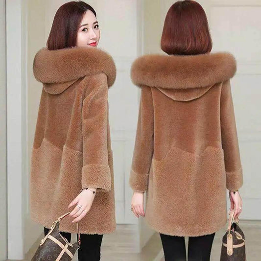 Fur Fox Fur Collar Jacket Female Grain Wool Sheep Shearing Fleece Autumn and Winter Warm Hooded Thick Plus Cotton Loose Top