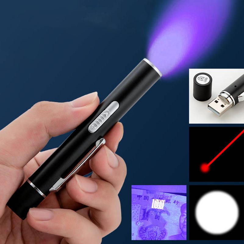 USB charging LED Flashlight Powerful Mini LED Torch Penlight uv light banknote Laser pointer light