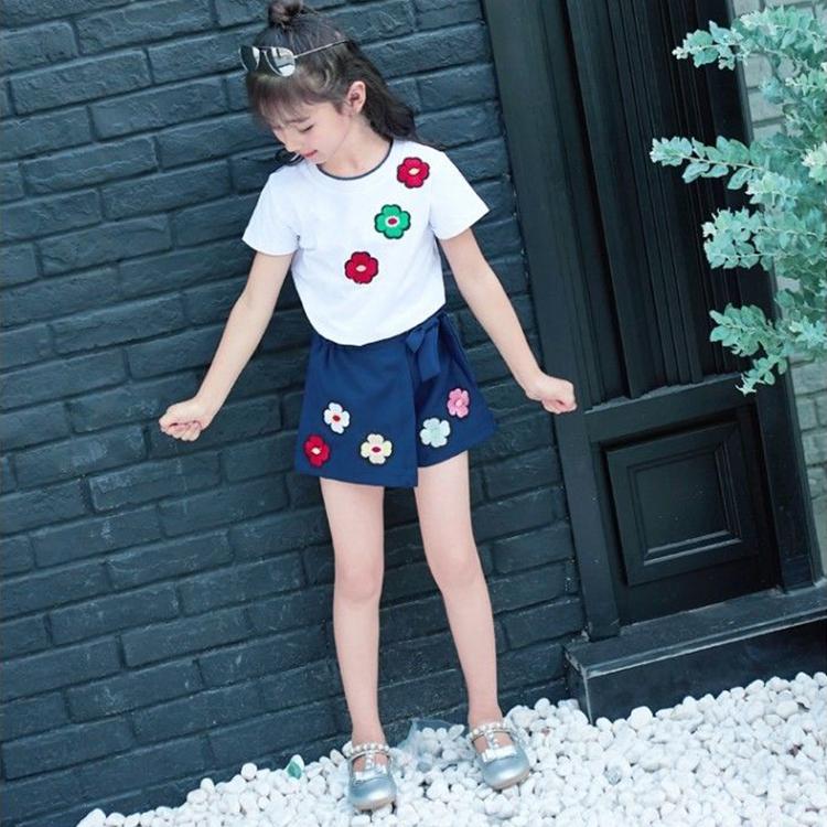 2PCS Children Clothing Set Spring Summer Girls Suits Embroidery Short Sleeve Tops + Pants Clothing Set