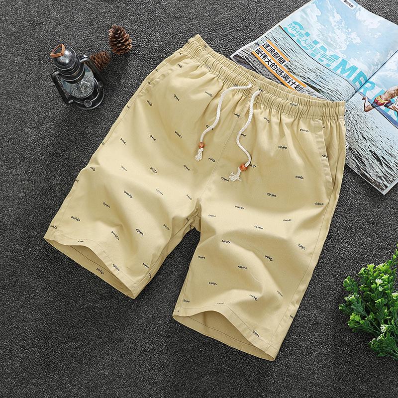 Pure cotton breathable five-point shorts men's summer casual sports shorts outside wearing fish bone print solid color beach pants