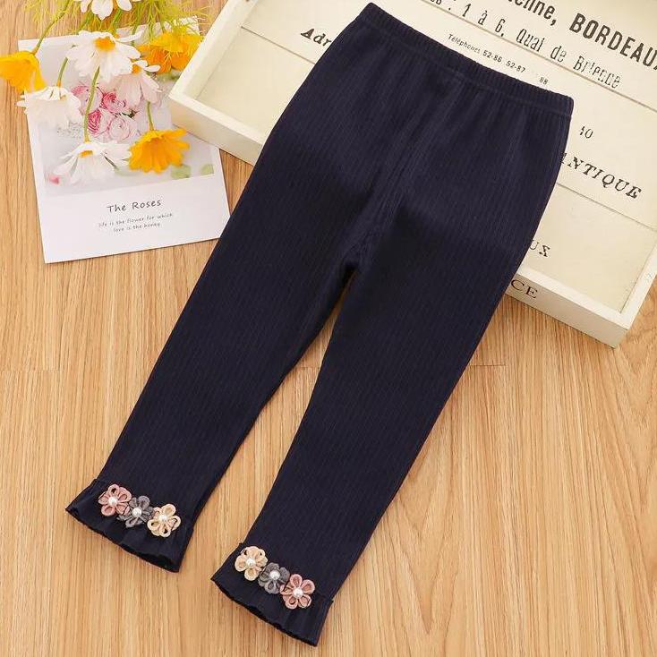 Girls' Leggings Children's Spring and Autumn Thin Flowers Ruffle Korean Cropped Trousers Stretch Pants Baby Outer Wear and Inner Wear