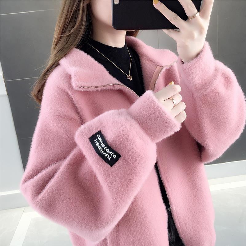 Autumn and Winter Mohair Loose Coat Short Knit Cardigan Tops Solid Color High Neck Women's Coat