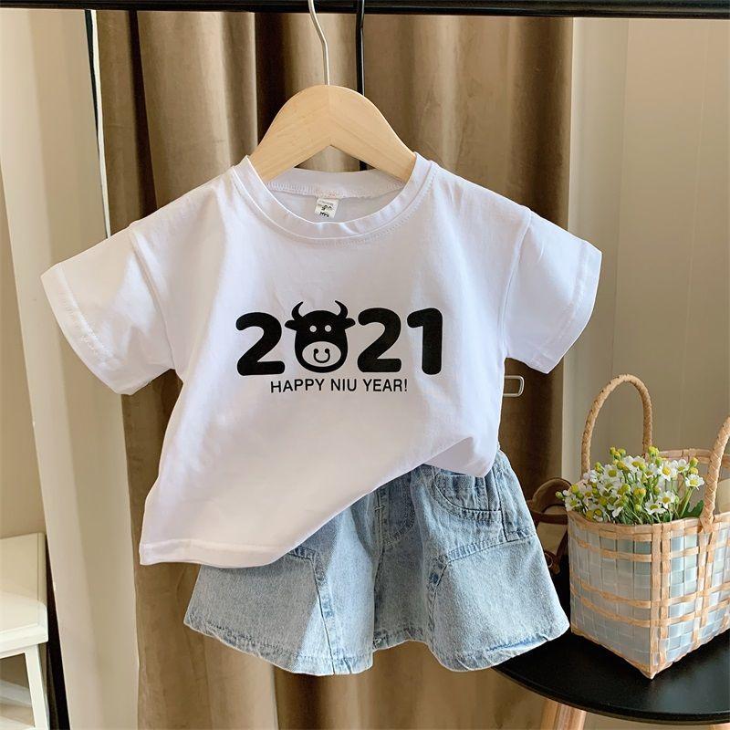 2PCS Children Clothing Set Spring Summer Girls Suits Printing Letter Cattle Short Sleeve Tops + Denim Pants Clothing Set