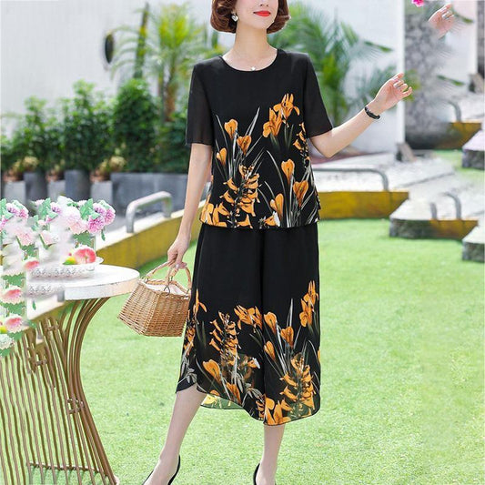 WTEMPO 2pcs Chiffon Shirt Pants Suit Women's Plus Size Spring and Summer Short Sleeve Loose Casual Printing Middle-aged Two-piece Set