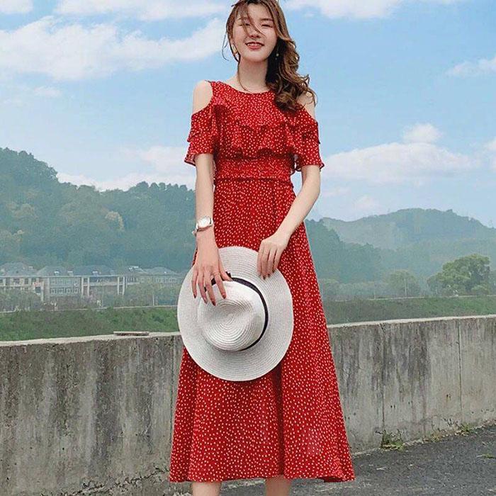 Pofulove Women Red Polka Dot Chiffon Dress Slim Long Strapless Dress Below The Knee Thin Dresses