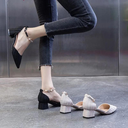 Thick Heel Pointed Toe with Single Shoes Women French High Heels Fairy Baotou Sandals Women's Mid-heel