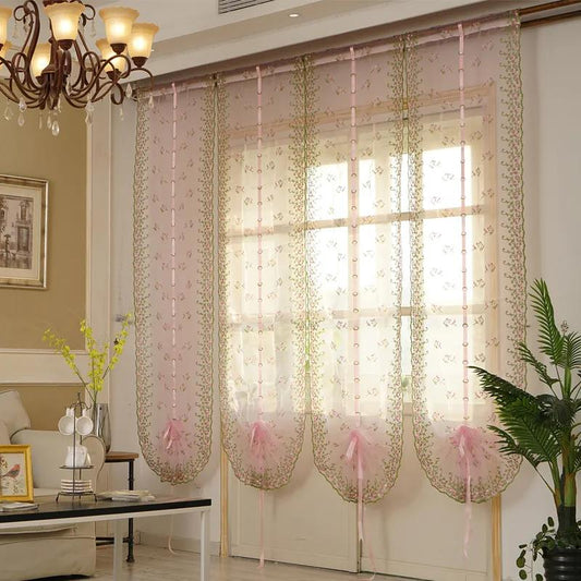 Finished Curtains Living Room Garden Embroidered Screen Fan-shaped Roman Blinds Lift Partition Bay Window Decorative Curtains