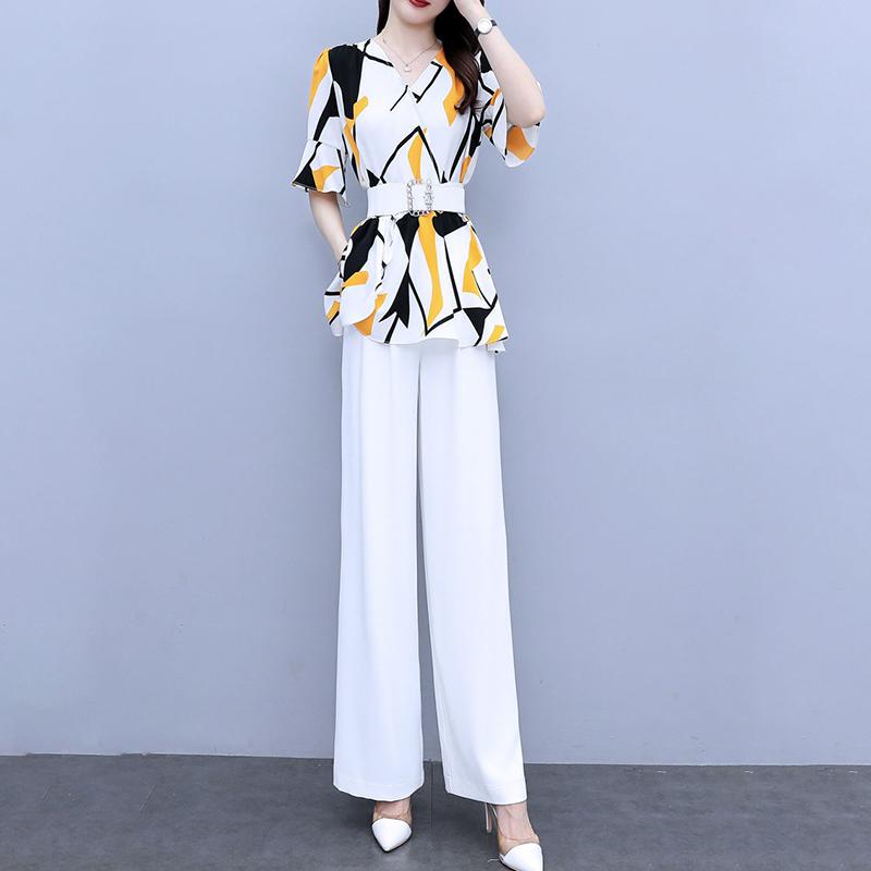 Chiffon Suit Female Temperament Suit Two-piece Suit Waist Slimming Chiffon Shirt Loose Wide-leg Pants Two-piece Suit Ladies Elegant Suit