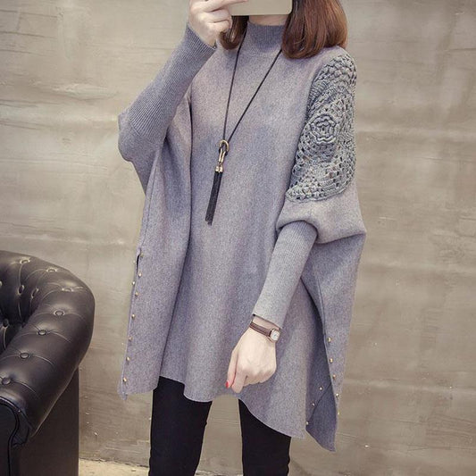 Autumn and Winter Long Bat Sleeve Sweater Half High Neck Knitted Loose Top Casual Large Size Women's Jacket