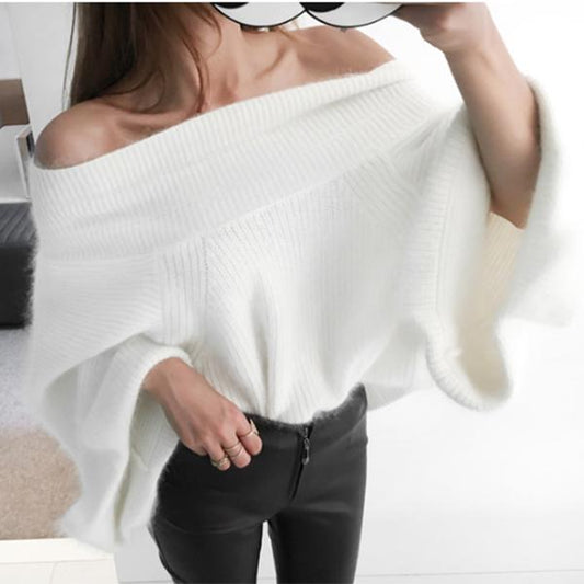 Autumn and Winter Sexy Off-the-shoulder Blouse Mink Fleece Pullover Sweater Loose Big Flared Bottoming Shirt