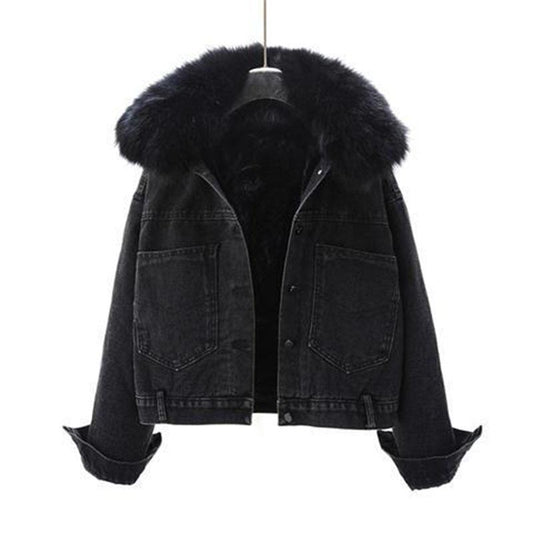 Denim Cotton Jacket Women Short Winter Korean Rabbit Fur Collar Plus Velvet Thick Loose Cotton Student Jacket