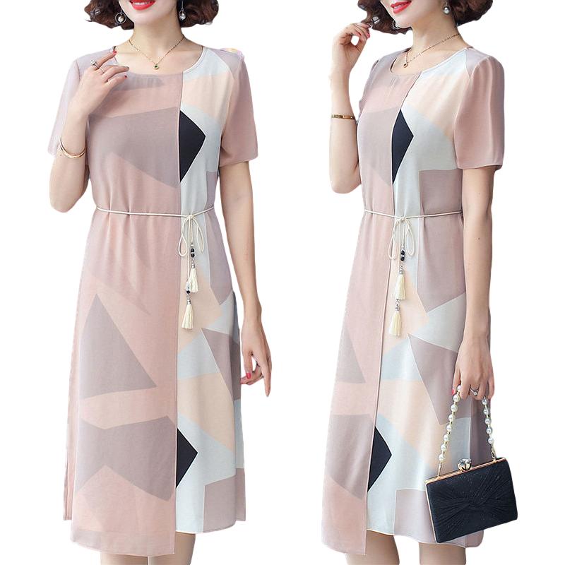 Spring Summer Chiffon Dress Women O-Neck Short Sleeve Dresses Sweet Slim Elastic Waist Mid-length Ladies Dress