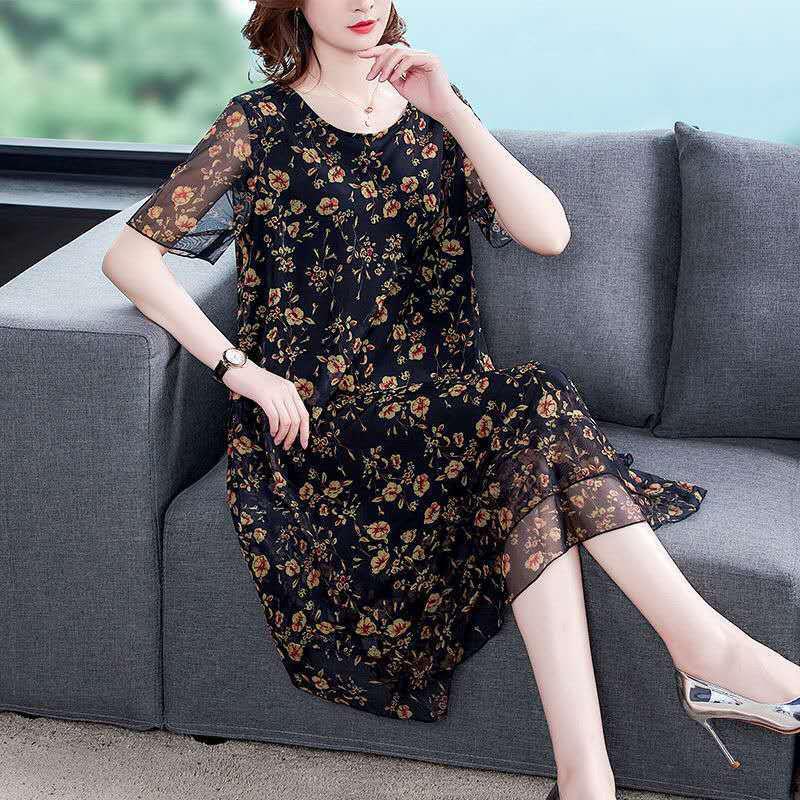 Large Size Short-sleeved Dress Women Summer Mid-length Round Neck Print Small Floral Comfort and Cool