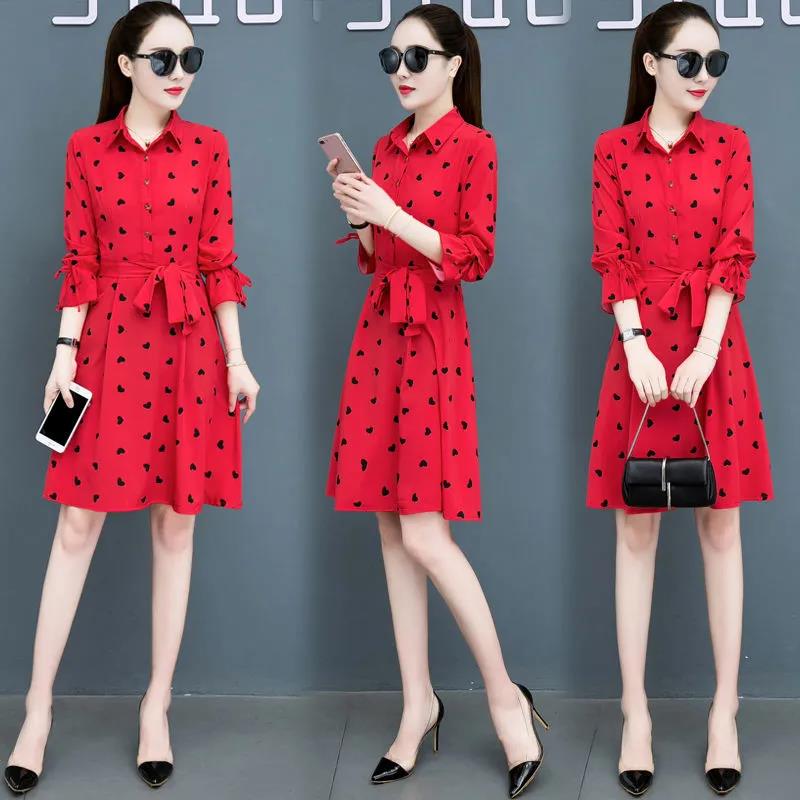 Spring  Autumn Women Heart Printed Long Sleeve Shirt Dress OL Style Knee-length  A-line Dress Plus Size M-5XL