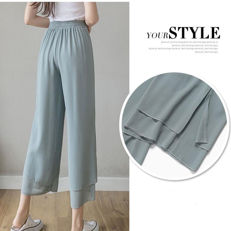 WTEMPO Solid Color Chiffon Wide-leg Pants Women Ruffle Loose High Waist Ankle-Length Pants Trousers Cool and Breathable