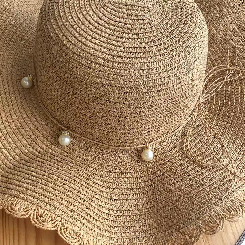 Women's Summer Pearl Wavy Straw Cap Wide Brim Hat Sunscreen Sun Hat Anti-ultraviolet Sun Cap Large Edge Beach Hat