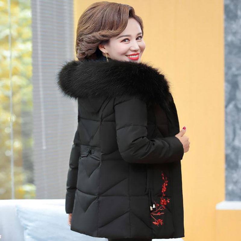 Winter Down Cotton Jacket Fashion Fur Collar Hooded Mid-length Jacket Thick Warm Cotton Jacket Suitable for Middle-aged Women