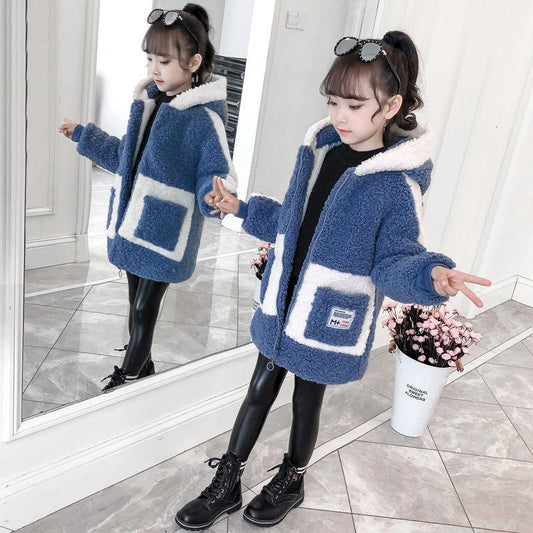 Girls' Warm and Windproof Winter Coat Mid-length Plus Velvet Thick Coat