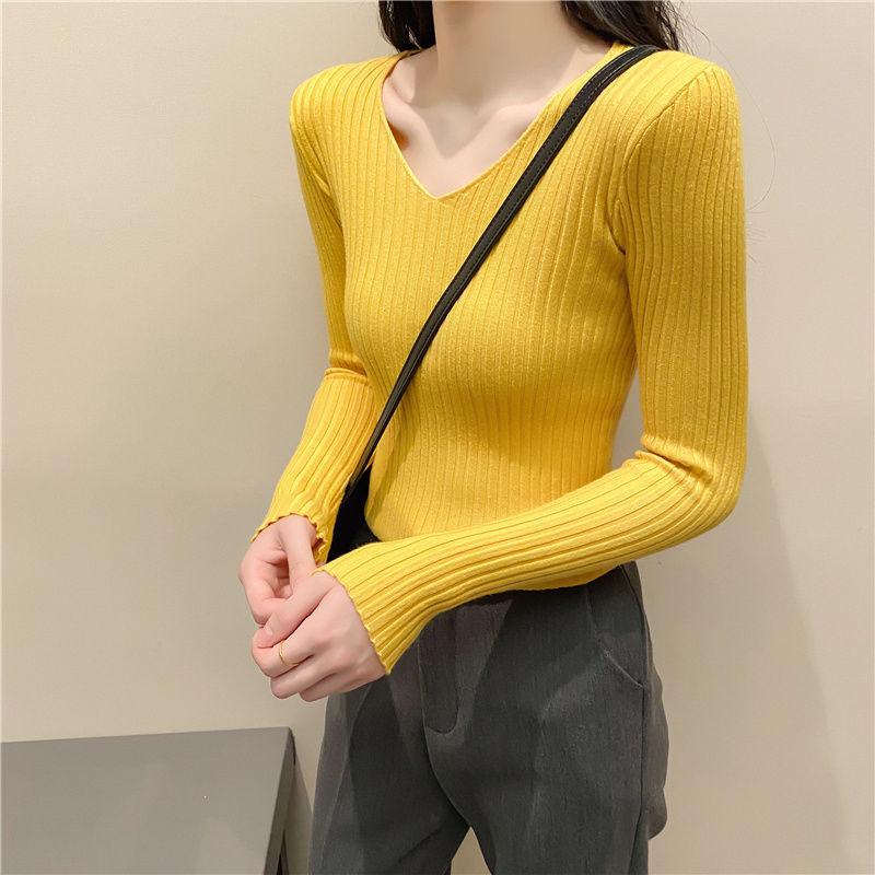 V-neck Bottoming Shirt Women's Autumn and Winter Wear A New Slim and Thin Knitted Long-sleeved Korean Version of The Wild Striped Shirt