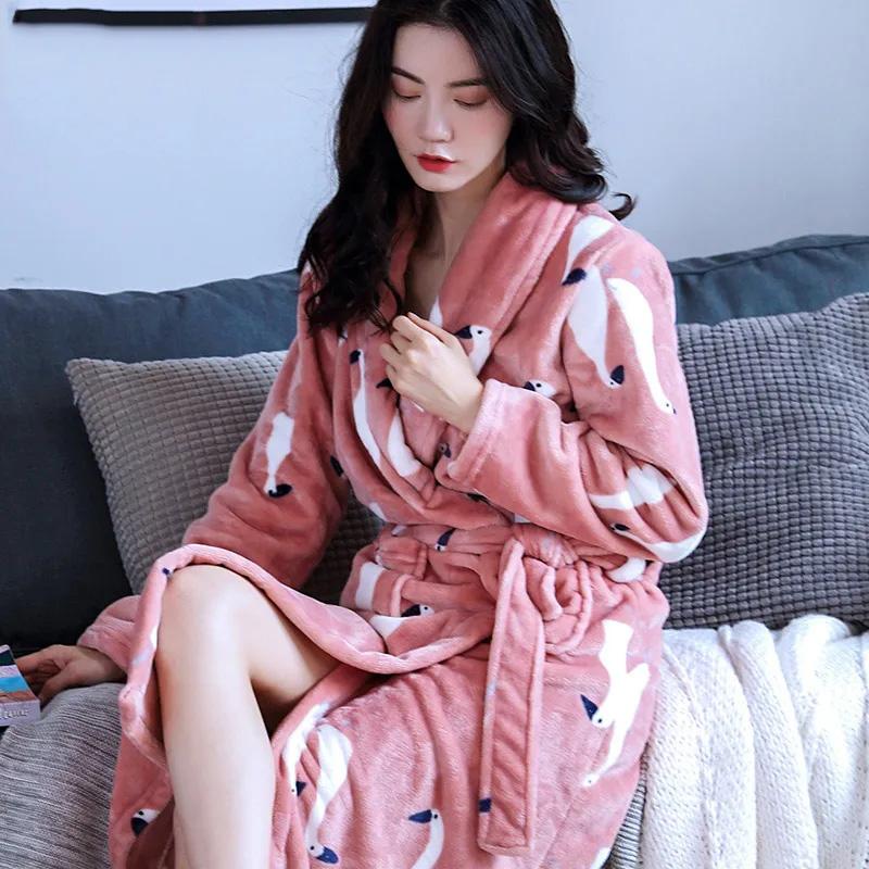 Female Coral Fleece Nightgown Robe Flower Flannel Pajama Autumn Winter Warm Thickening Bathrobe Long Japanese Kimono Bathrobe Sleeping Suit