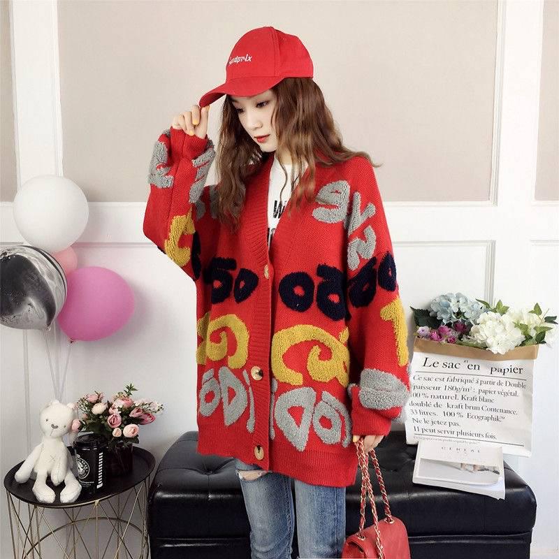 Women's Letters Jacquard Loose Knitted Jacket Long-sleeved V-neck Sweater Cardigan