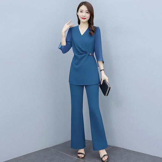 Solid Color Wide-leg Pants Suit Women's Summer Chiffon Temperament Professional Leisure Two-piece Fabric Light and Breathable