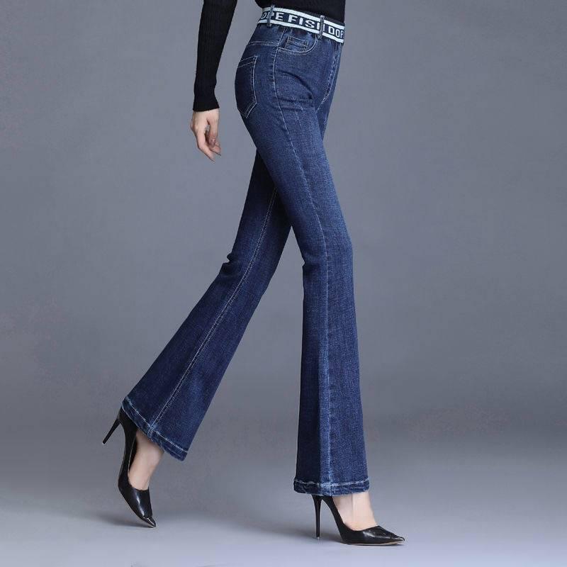 Women Mid Waisted Denim Jeans Denim Pants Pocket Stretch Button Bell-Bottom Pants Jeans Plus Size