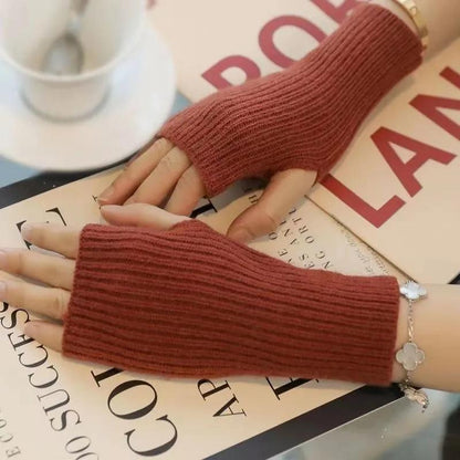 Women's Autumn Winter Plus Velvet Gloves Simple Thickening Warm Half-finger Knitted Gloves Solid Color Elastic Writing Sleeves Wristband Warm Mittens